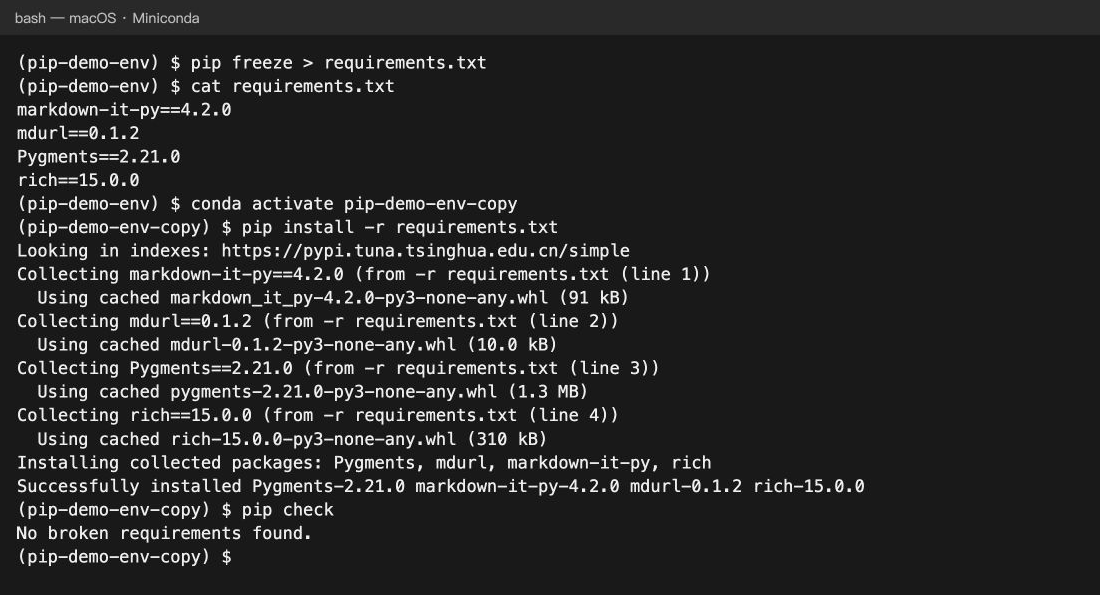 真实终端截图：独立 pip 路线导出 requirements.txt 并在新环境重建